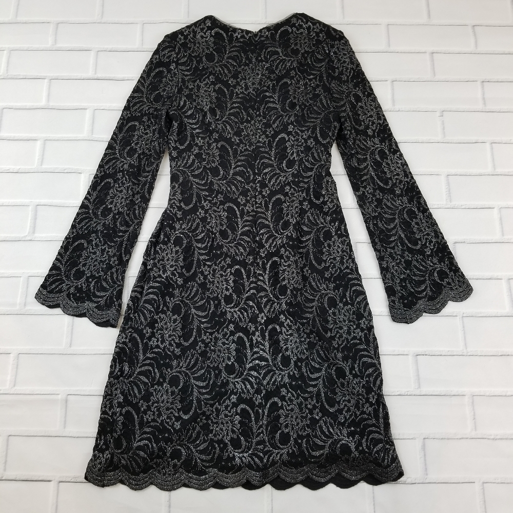 Black Metallic Bell Sleeves Flocked Lace Dress - Picture 4 of 8